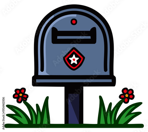 Illustration of a mailbox with grass and flowers.