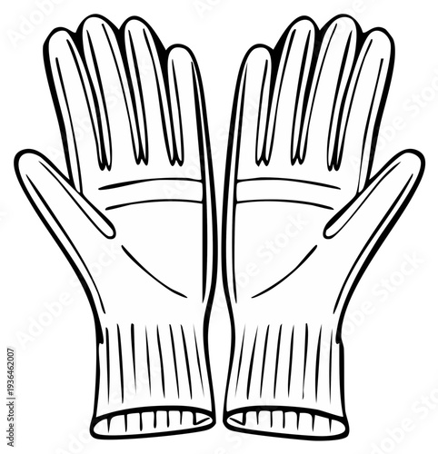Illustration of a pair of gardening gloves in black and white.