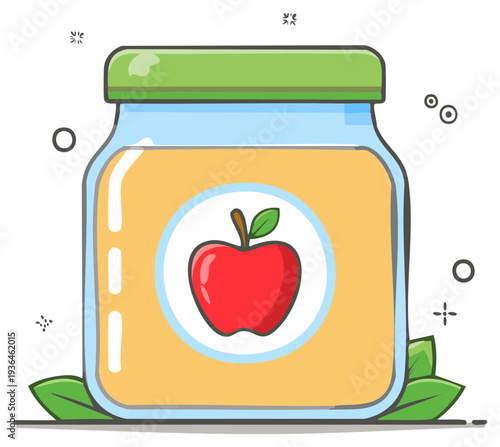 Cartoon illustration of a glass jar of homemade apple jam or puree with a fresh red apple on the label