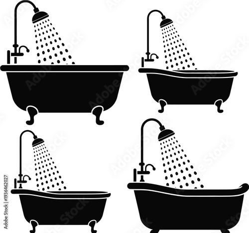 Four black bathtubs with showerheads and water droplets
