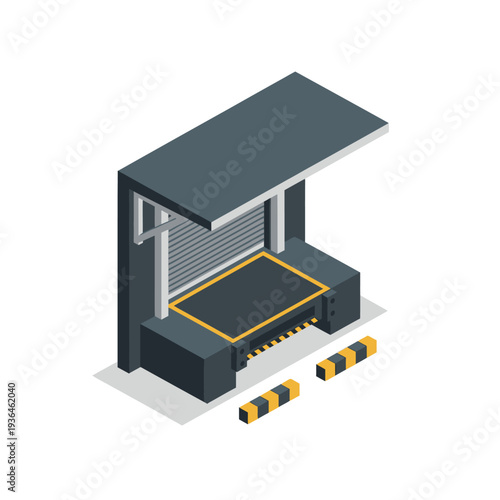 Isometric illustration of a loading dock with a truck bay and bollards.