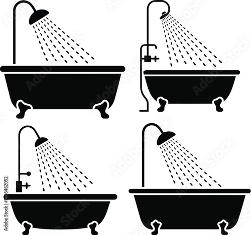 Four black bathtubs with showerheads and water streams in a row