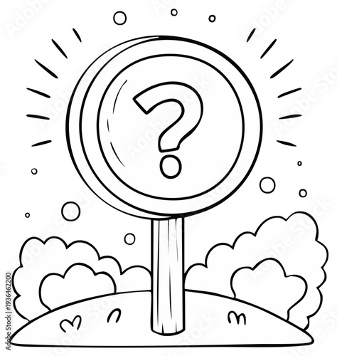 Doodle of a question mark on a signpost with radiating lines and abstract shapes, suggesting thought or inquiry