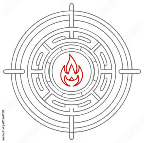 Target Maze Path with Burning Flame Symbol at Center for Challenges
