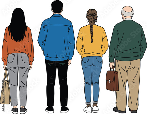 Back view of diverse people standing together, casual men and women with bags and briefcase, modern lifestyle characters rear perspective illustration