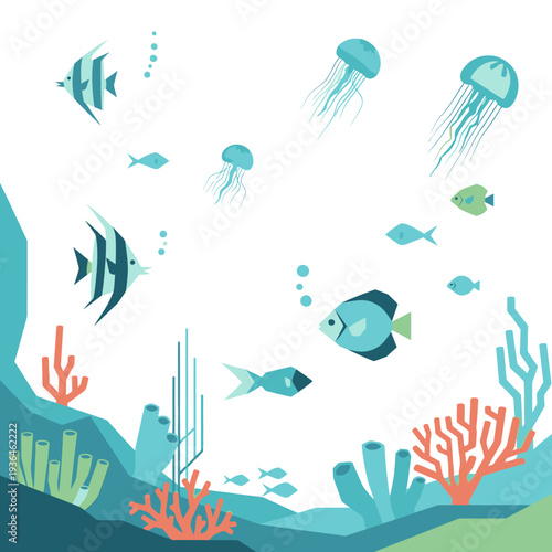 Colorful Underwater Scene with Fish, Jellyfish, and Coral Reef
