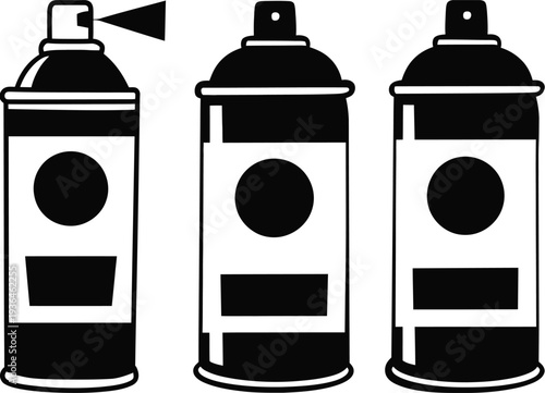 Three black and white spray paint cans with labels
