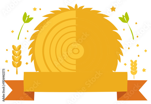 Hay Bale Icon with Ribbon Banner and Wheat Stalks for Agricultural Themes