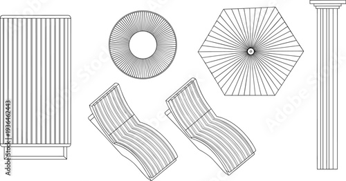 Top view outdoor lounge furniture layout with sun umbrella, sun loungers and slatted bench line drawing set for patio, terrace, poolside relaxation design