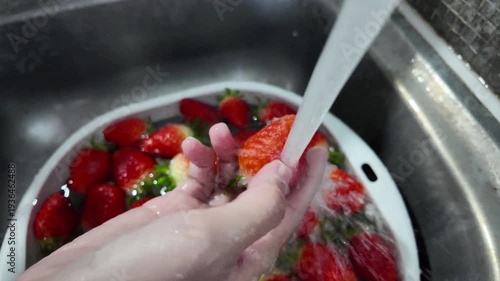 Turn on the tap and wash the strawberries in the basin with your hands.
