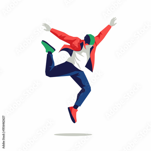Energetic man dancing hip hop, jumping with joy, vibrant red jacket, white t-shirt, blue pants, green shoes