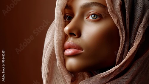 A striking close-up reveals a beautiful modern muslim woman adorned with a delicate scarf, exuding grace and confidence