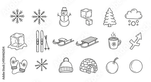 Winter Icons Set Black White Illustration.