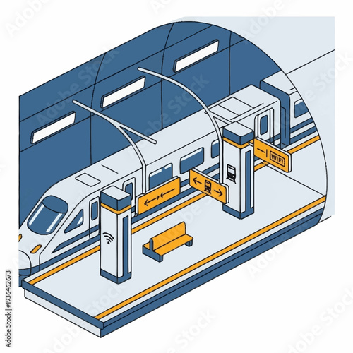 Modern Train Station Platform with Train.