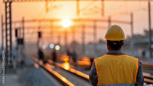 A dedicated railway worker wearing a bright yellow vest and hard hat signals with a hand raised while watching the sunset. The warm glow illuminates the tracks around him