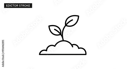 A small plant sprout grows from a mound of soil with two leaves symbolizing new life and growth in a simple black line art illustration