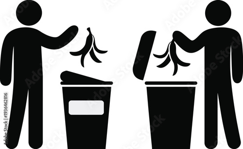 Two people throwing banana peels into trash bins black and white