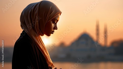 In a tranquil moment, a Muslim woman in a graceful hijab stands silhouetted against the warm colors of the setting sun. The image captures the serenity and beauty of faith by a stunning mosque
