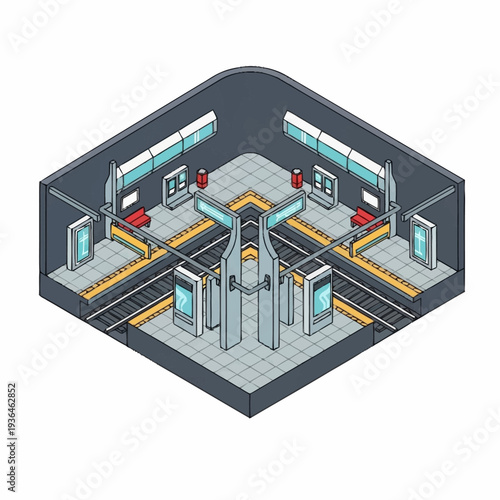 Isometric View of Airport Security Checkpoint.