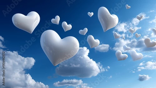 White glass heart shapes float gently among soft clouds in a vibrant blue sky. The scene captures a dreamy atmosphere, evoking feelings of love and tranquility as sunlight dances on the hearts