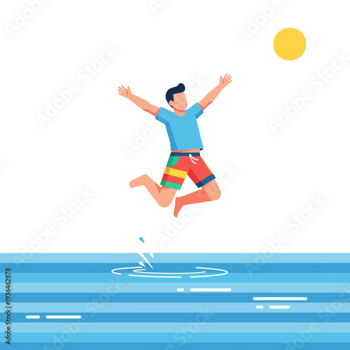 Joyful man jumping into blue water on sunny day, summer vacation, freedom, happiness