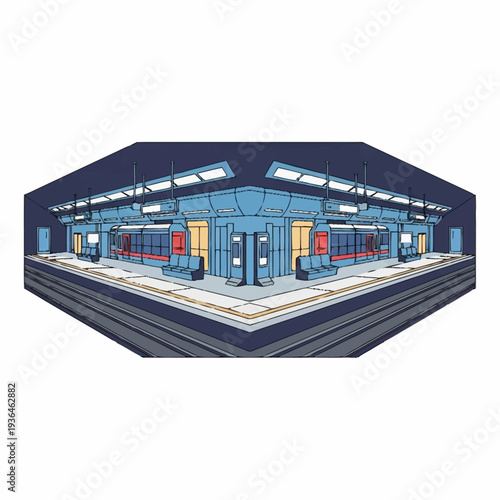 Modern Subway Station with Blue Tiled Walls.