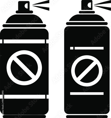 Two black spray cans with prohibition symbols emitting spray
