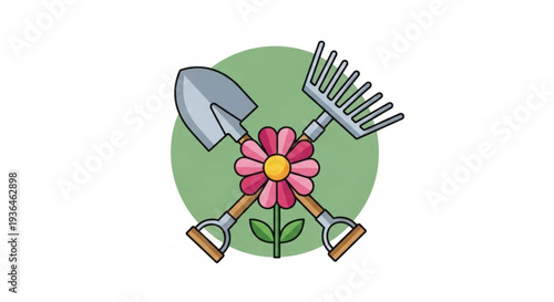 Gardening tools and flower shovel rake pink blossom green circle gardening concept planting growth gardening equipment
