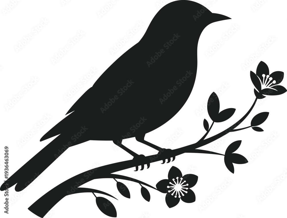 Fototapeta premium Black silhouette of a bird perched on a flowering branch vector tree