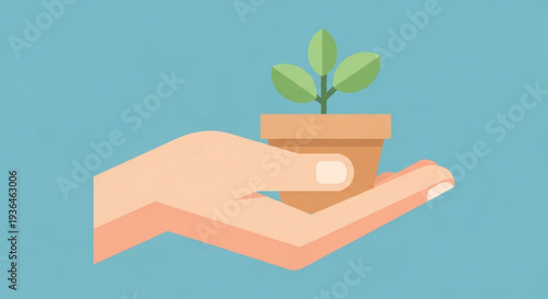 Hand holding small potted plant with green leaves on blue background symbolizing growth and care
