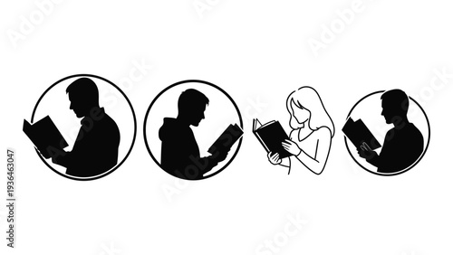 People reading books in circular frames