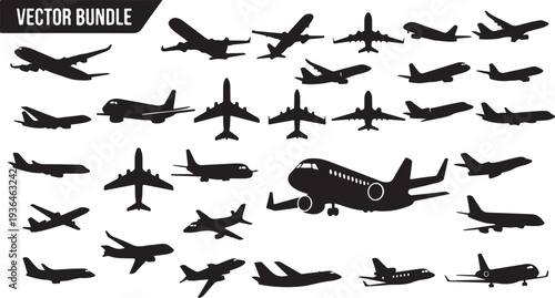 Airplane Silhouette Set, Aircraft Aviation Vector Bundle