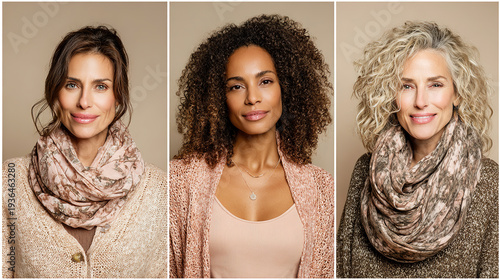 Wallpaper Mural Portrait collection of three mature women of diverse ethnicities wearing warm scarves. Inclusive fashion and lifestyle concept for clothing brands, marketing and advertising campaigns. Torontodigital.ca