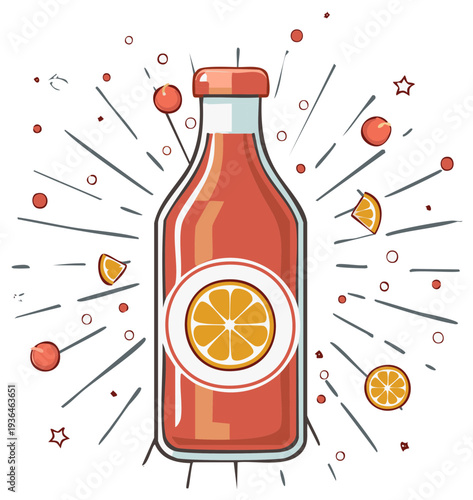Refreshing orange juice in a glass bottle with citrus slices and celebratory rays