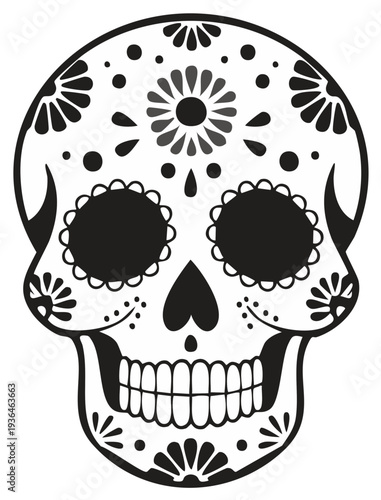 Intricate black and white sugar skull illustration with floral patterns and decorative elements