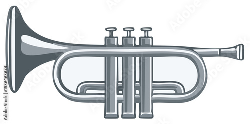 Illustration of a simple silver trumpet, music instrument for jazz orchestra and musical concerts, isolated on a white background