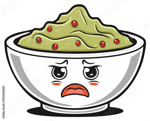 Cartoon bowl of guacamole with a sad face expression