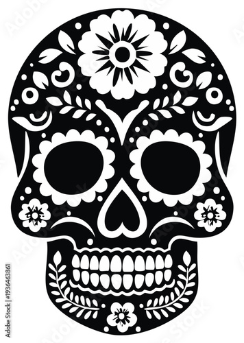 Black and White Sugar Skull Decoration with Floral Design