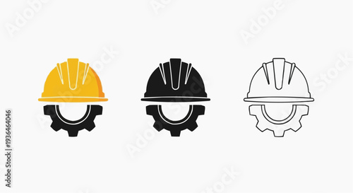 Industrial Construction and Engineering Icon Set: Hard Hat and Gear Logo Symbols