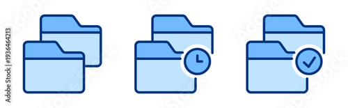 Folders blue solid icons set. Clock time, watch, check mark, correct, approve. Archive, document sign, icon collection. File folder vector. For apps, website, business, ui / ux design, infographic.