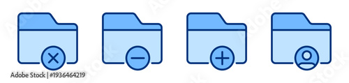 Folders blue solid icons set. Cross shape, minus, plus, user profile. Archive, document sign, icon collection. File folder vector. For apps, website, business, ui / ux design, infographic, etc.