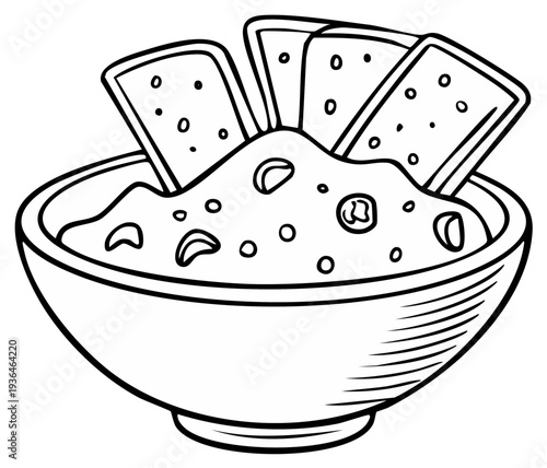 Hand Drawn Outline of Crackers Dipping Into a Bowl of Hummus or Dip Illustration