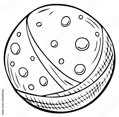 Stylized outline drawing of a celestial body with craters and curved shading