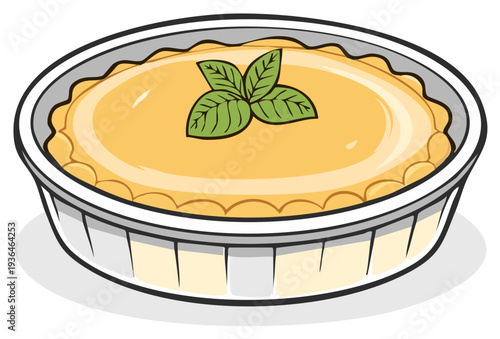 Delicious baked pie with fresh mint leaf topping in a disposable container