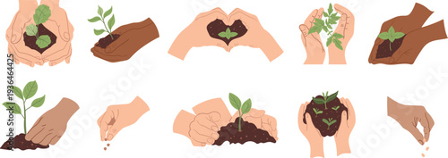 Vector collection of hands holding a small sprout growing in a handful of soil and hands planting seeds. A flat illustration perfect for gardening, nature or lifestyle themes.