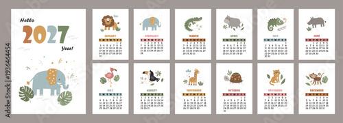 2027 calendar for kids and toddlers with cute safari animals. Perfect for children's rooms, kindergartens