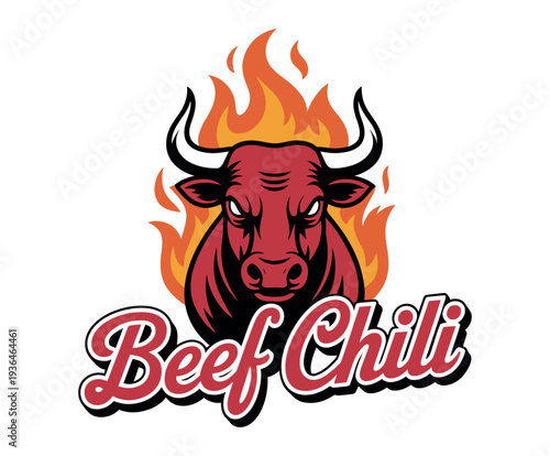 A logo featuring a bull's head with flames and the words Beef Chili