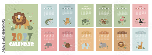 2027 calendar for kids and toddlers with cute safari animals. Perfect for children's rooms, kindergartens