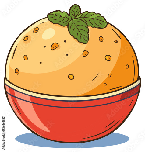 Cartoon illustration of a creamy soup or puree in a red bowl garnished with fresh mint leaves