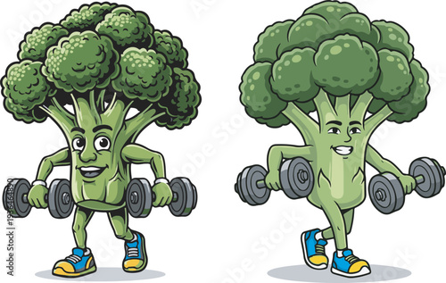 Two cheerful green broccoli characters with faces, arms, and legs, exercising with dumbbells, promoting healthy eating and fitness in a vibrant cartoon vector illustration set.